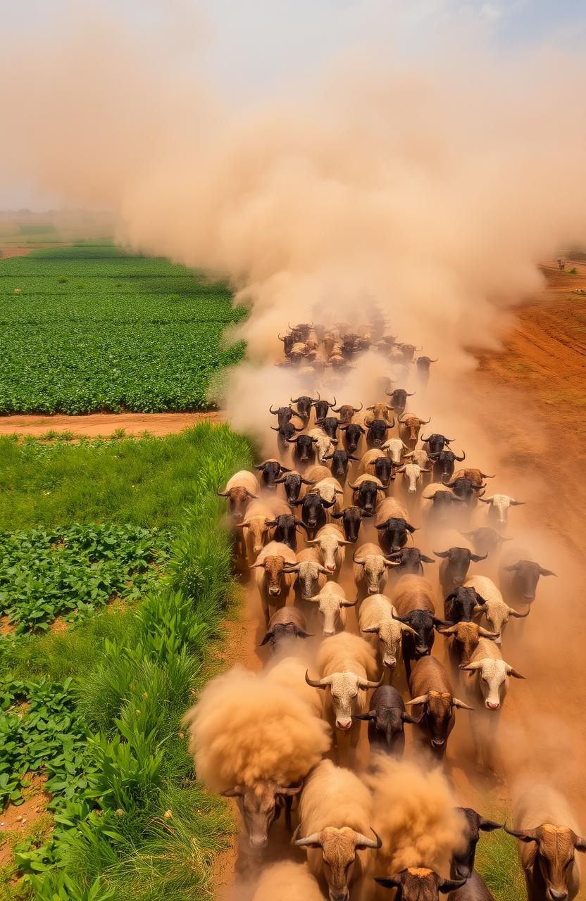 An aerial view of a large herd of cattle moving across a landscape, with numerous African men behind them, their weapons raised in a show of strength