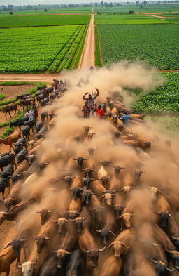 An aerial view of a large herd of cattle moving across a landscape, with numerous African men behind them, their weapons raised in a show of strength