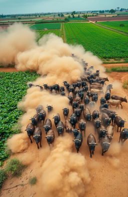 An aerial view of a large herd of cattle moving across a landscape, with numerous African men behind them, their weapons raised in a show of strength