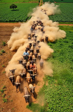An aerial view of a large herd of cattle moving across a landscape, with numerous African men behind them, their weapons raised in a show of strength