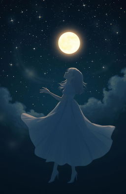A girl standing in a dark sky, surrounded by a myriad of sparkling stars and a glowing moon illuminating her silhouette