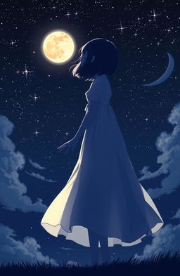 A girl standing in a dark sky, surrounded by a myriad of sparkling stars and a glowing moon illuminating her silhouette