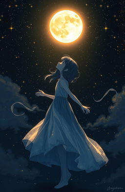 A girl standing in a dark sky, surrounded by a myriad of sparkling stars and a glowing moon illuminating her silhouette
