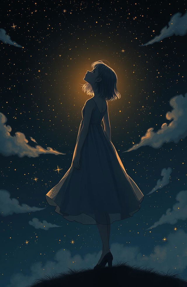 A girl standing in a dark sky, surrounded by a myriad of sparkling stars and a glowing moon illuminating her silhouette