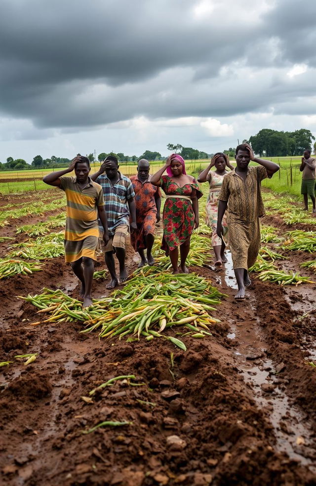 Inside a large farm setting, African men and women are walking through their fields after a storm has destroyed their crops