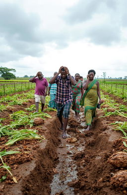 Inside a large farm setting, African men and women are walking through their fields after a storm has destroyed their crops