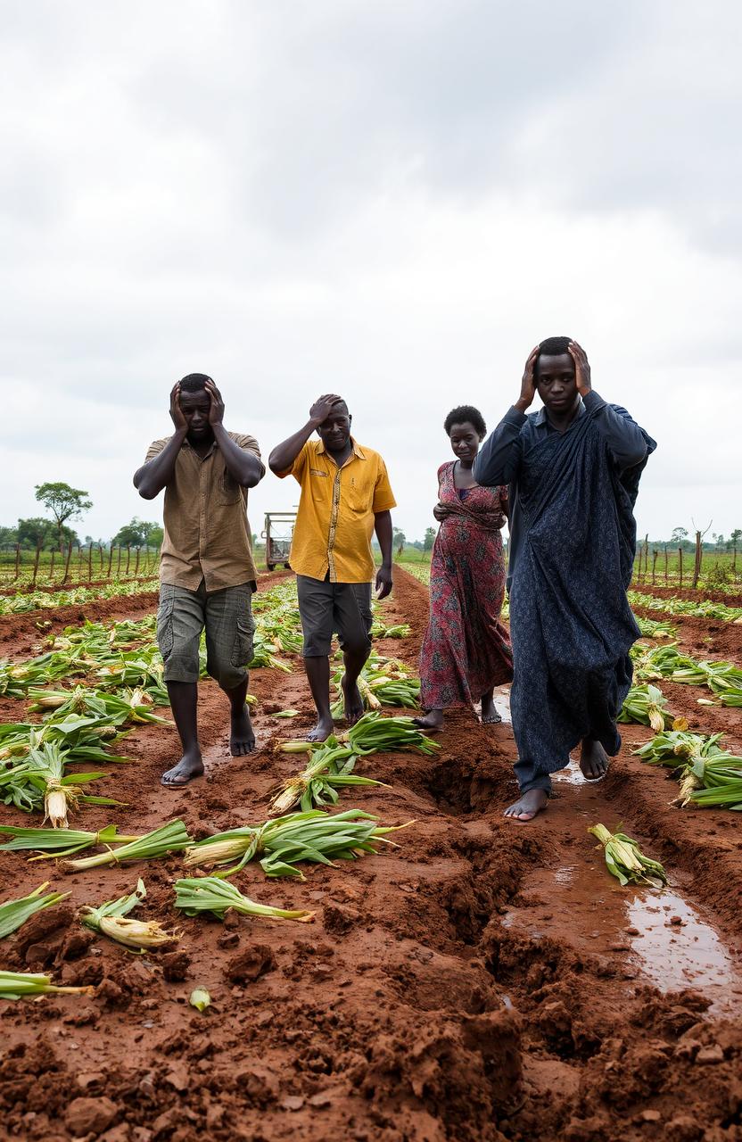 Inside a large farm setting, African men and women are walking through their fields after a storm has destroyed their crops