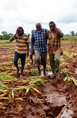 Inside a large farm setting, African men and women are walking through their fields after a storm has destroyed their crops