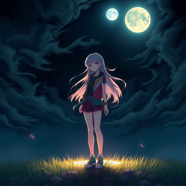 A girl standing under a dramatic dark sky filled with swirling clouds, illuminated by a glowing full moon