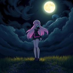A girl standing under a dramatic dark sky filled with swirling clouds, illuminated by a glowing full moon