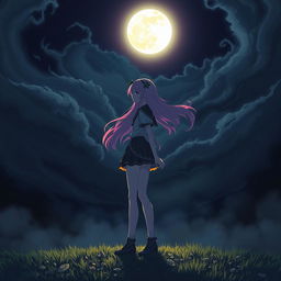 A girl standing under a dramatic dark sky filled with swirling clouds, illuminated by a glowing full moon