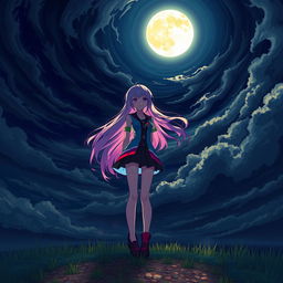 A girl standing under a dramatic dark sky filled with swirling clouds, illuminated by a glowing full moon