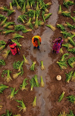 An aerial view of a large farm in Africa, showcasing men and women dressed in vibrant traditional clothing walking amongst their devastated crops after a stormy rain