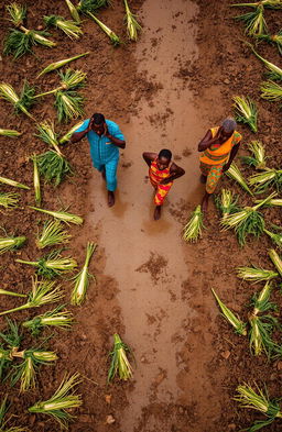 An aerial view of a large farm in Africa, showcasing men and women dressed in vibrant traditional clothing walking amongst their devastated crops after a stormy rain