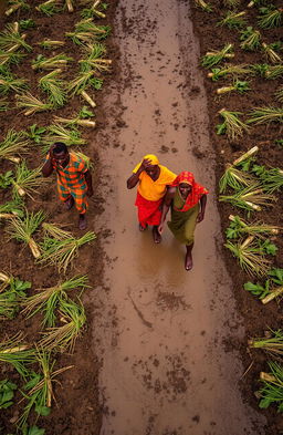 An aerial view of a large farm in Africa, showcasing men and women dressed in vibrant traditional clothing walking amongst their devastated crops after a stormy rain