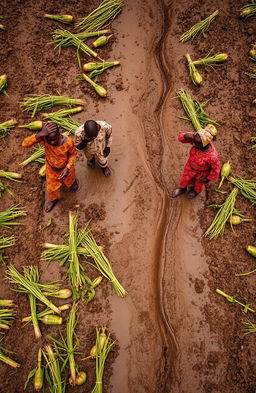 An aerial view of a large farm in Africa, showcasing men and women dressed in vibrant traditional clothing walking amongst their devastated crops after a stormy rain
