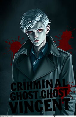 An attractive albino detective set against a dark and moody background, with splashes of blood artistically integrated into the scene