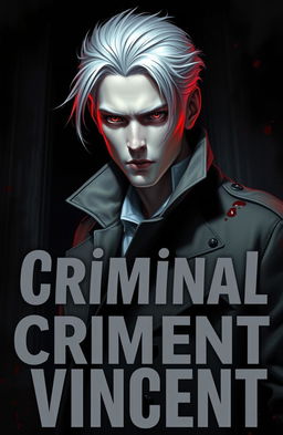 An attractive albino detective set against a dark and moody background, with splashes of blood artistically integrated into the scene