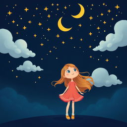 A whimsical cartoon illustration of a girl standing beneath a dark sky filled with twinkling stars and a crescent moon
