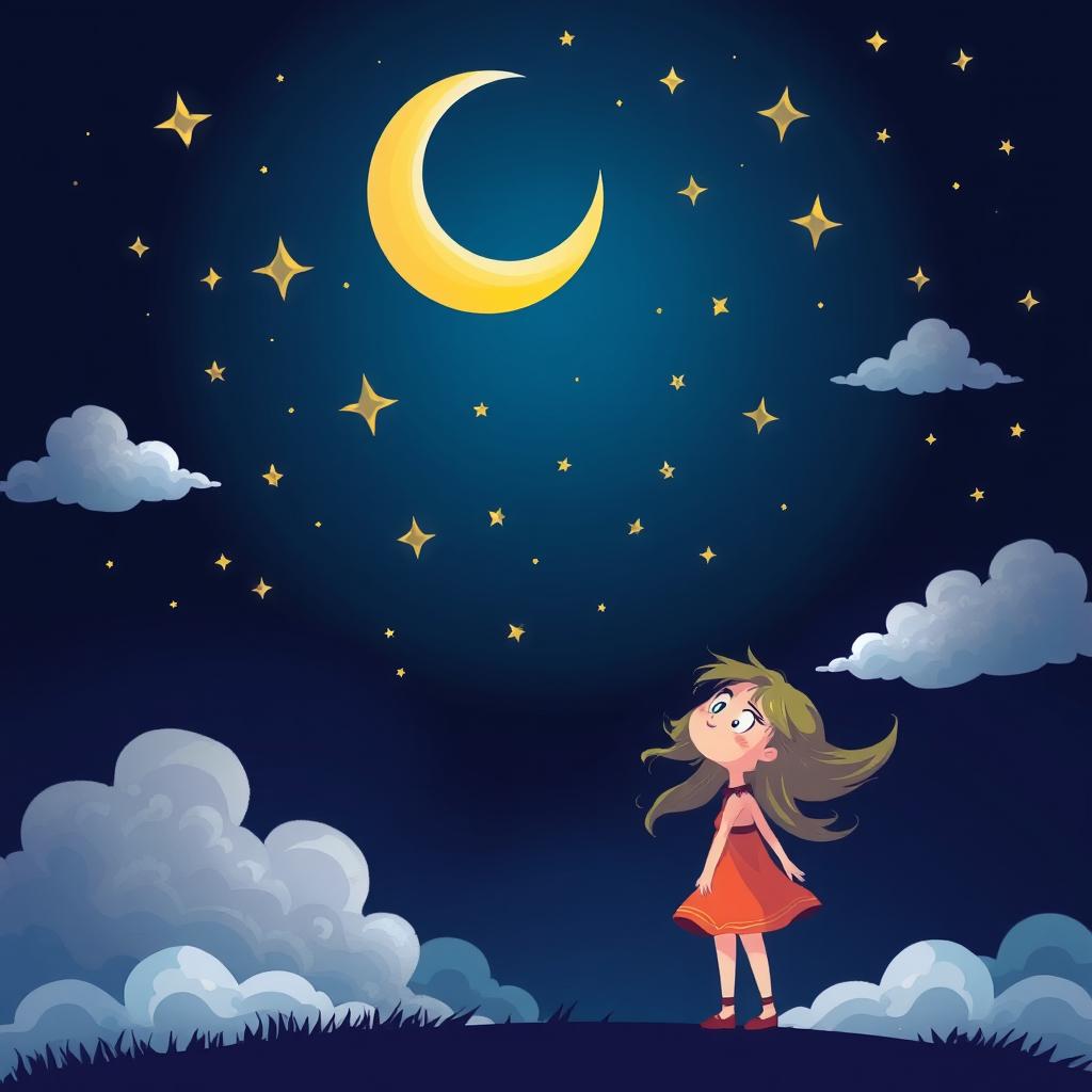 A whimsical cartoon illustration of a girl standing beneath a dark sky filled with twinkling stars and a crescent moon