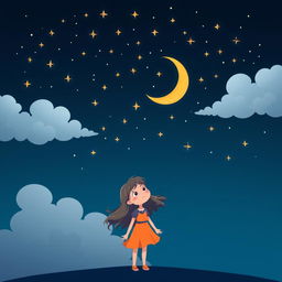 A whimsical cartoon illustration of a girl standing beneath a dark sky filled with twinkling stars and a crescent moon