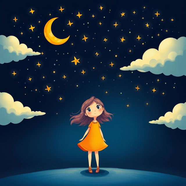 A whimsical cartoon illustration of a girl standing beneath a dark sky filled with twinkling stars and a crescent moon