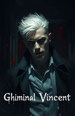 A young, handsome albino detective in a dark, moody setting, surrounded by shadows and hints of red blood splatters