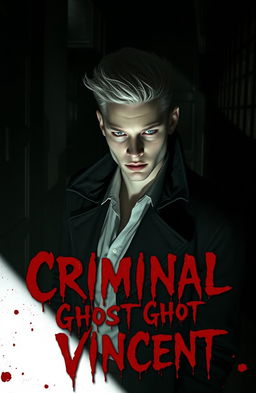 A young, handsome albino detective in a dark, moody setting, surrounded by shadows and hints of red blood splatters