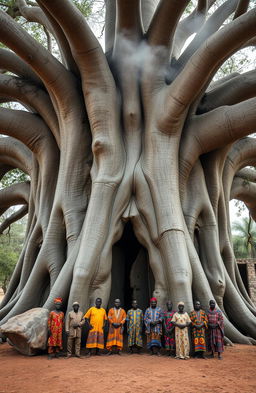 An aerial front view of a majestic, large baobab tree with long, uncovered running roots