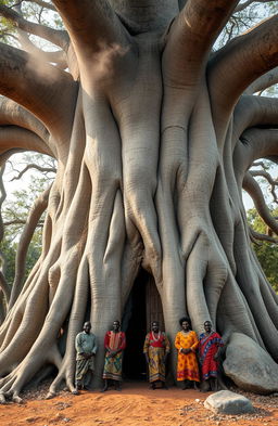 An aerial front view of a majestic, large baobab tree with long, uncovered running roots