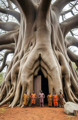 An aerial front view of a majestic, large baobab tree with long, uncovered running roots