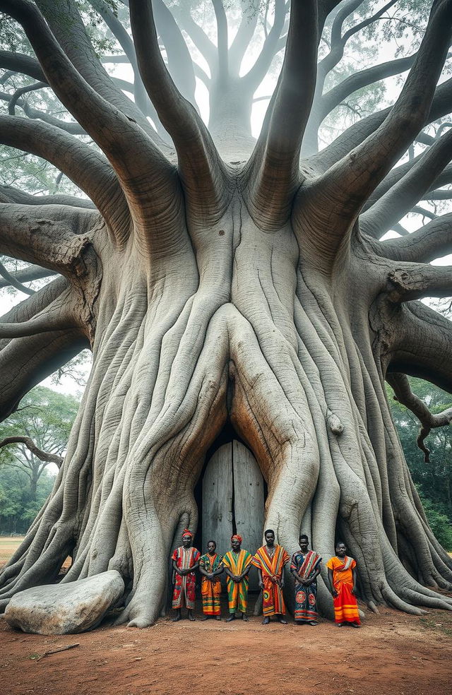 An aerial front view of a majestic, large baobab tree with long, uncovered running roots