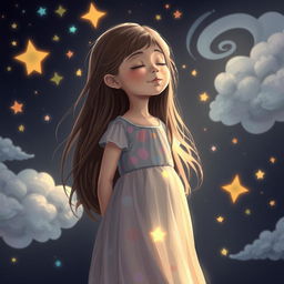 A young girl with long, flowing hair, standing with her eyes closed, embodying a serene expression