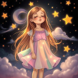 A young girl with long, flowing hair, standing with her eyes closed, embodying a serene expression