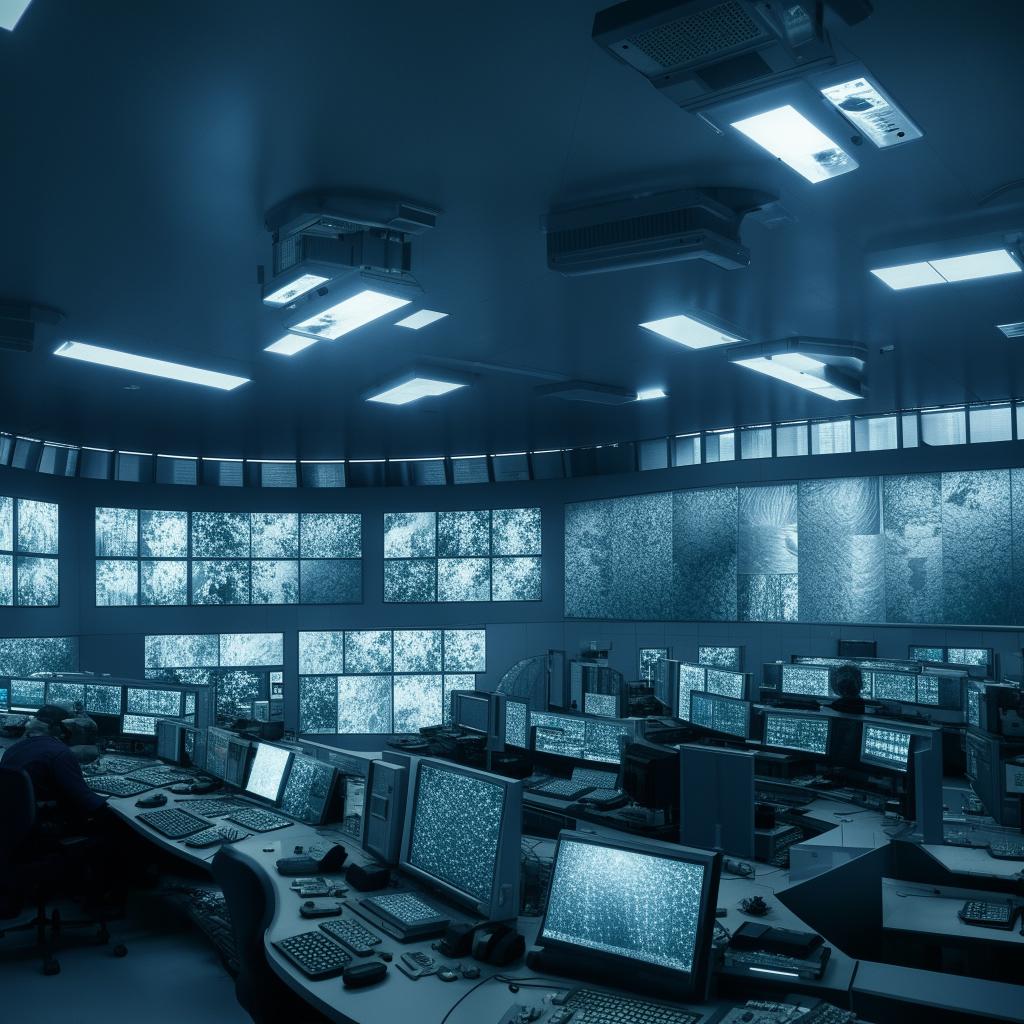 A high-security penitentiary control room filled with complex control panels, large monitors displaying surveillance footage, and high-tech equipment.