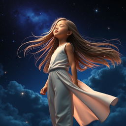 A young girl with long, flowing hair, standing with her eyes closed in a peaceful pose