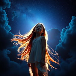 A young girl with long, flowing hair, standing with her eyes closed in a peaceful pose