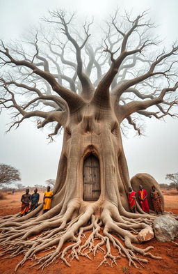 An aerial front view of a majestic baobab tree in East Africa, featuring African men dressed in vibrant traditional attire gathered around the tree