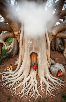 An aerial front view of a majestic baobab tree in East Africa, featuring African men dressed in vibrant traditional attire gathered around the tree