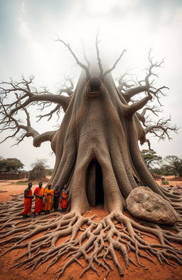 An aerial front view of a majestic baobab tree in East Africa, featuring African men dressed in vibrant traditional attire gathered around the tree