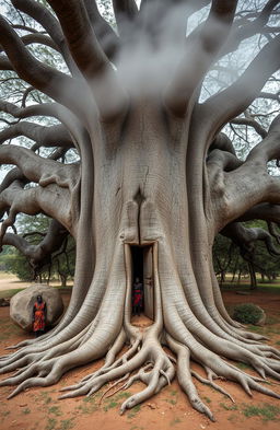 An aerial front view of a majestic baobab tree in East Africa, featuring African men dressed in vibrant traditional attire gathered around the tree