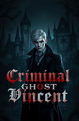 A young handsome albino detective standing in a dark, moody setting, surrounded by hints of blood splatters, with the phrase 'Criminal Ghost Vincent' artistically integrated in blood-like letters