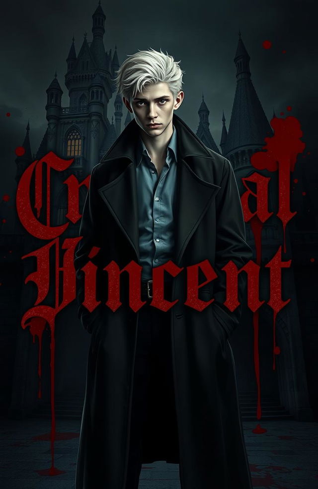 A young handsome albino detective standing in a dark, moody setting, surrounded by hints of blood splatters, with the phrase 'Criminal Ghost Vincent' artistically integrated in blood-like letters