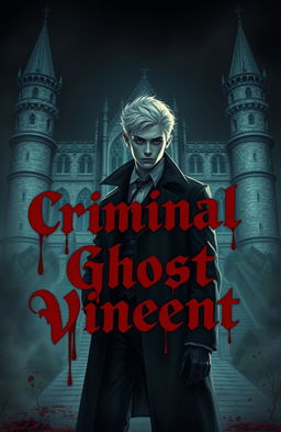 A young handsome albino detective standing in a dark, moody setting, surrounded by hints of blood splatters, with the phrase 'Criminal Ghost Vincent' artistically integrated in blood-like letters