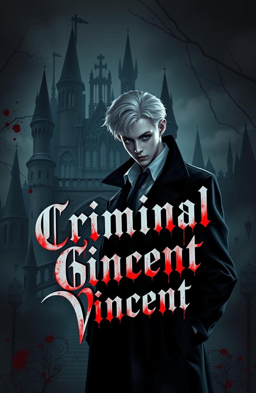 A young handsome albino detective standing in a dark, moody setting, surrounded by hints of blood splatters, with the phrase 'Criminal Ghost Vincent' artistically integrated in blood-like letters