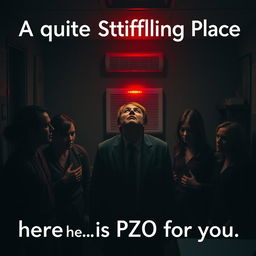 A small, dimly lit office in dark, gloomy colors