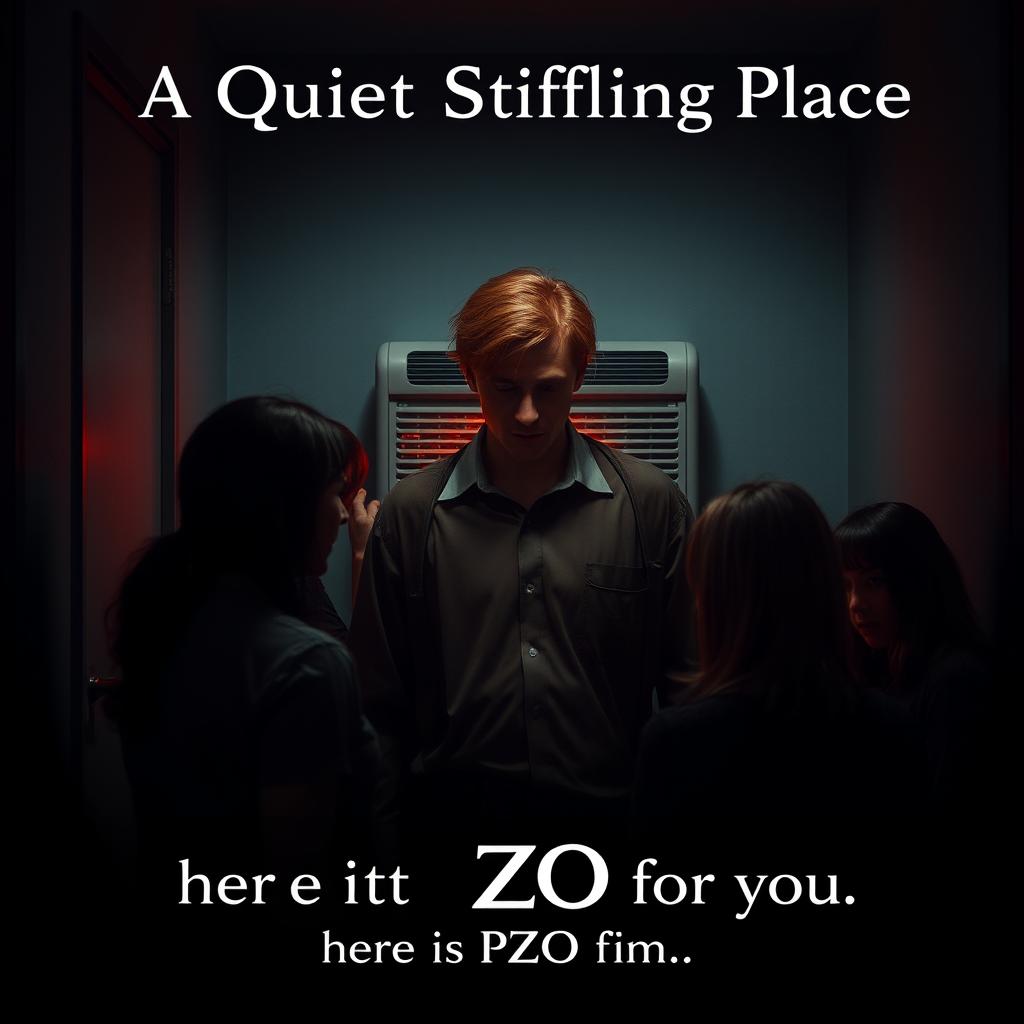 A small, dimly lit office in dark, gloomy colors