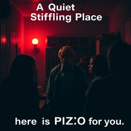 A small, dimly lit office in dark, gloomy colors