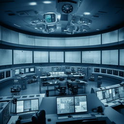 A high-security penitentiary control room filled with complex control panels, large monitors displaying surveillance footage, and high-tech equipment.