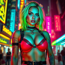 A sexy gorgeous woman in a vibrant cyberpunk style, showcasing a stylish outfit that accentuates her curves, prominently displaying her cleavage